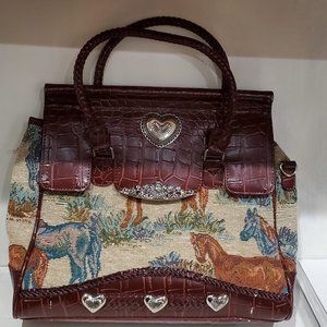 VINTAGE Silver Heart Concho Equestrian Horse Tapestry & Vegan Croc Bag